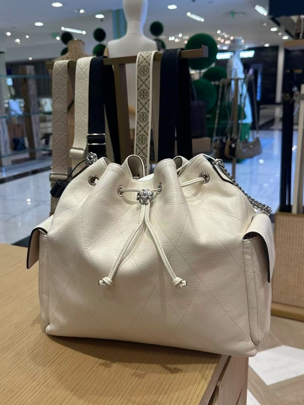 Tory Burch Large Charlie Cream Quilted Drawstring Bucket Bag with Chain